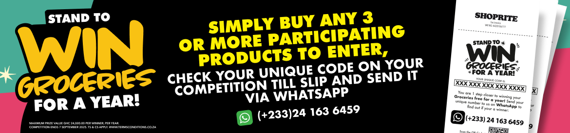 Celebrate with us and you could stand a chance to WIN. Buy 3 participating products in-store and stand a chance to win groceries for a year worth GHC 168 000. Offers valid until 7 September 2025. 
