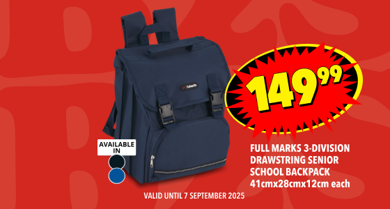 FULL MARKS 3-DIVISION DRAWSTRING SENIOR SCHOOL BACKPACK 41cm x 28cm x 12cm EACH, 149,99